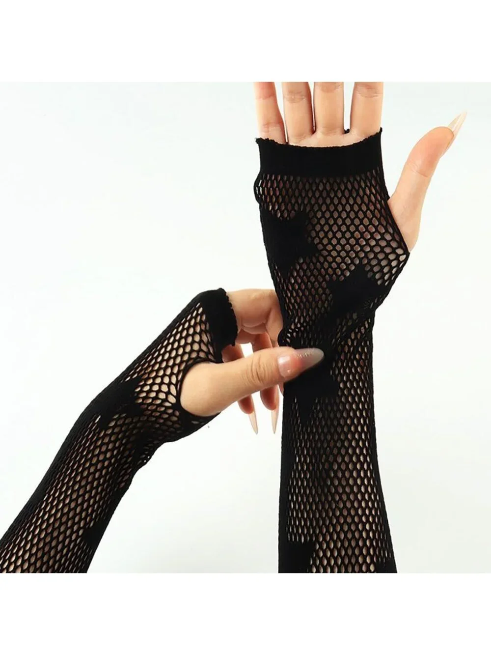 Women's Black Long Star Pattern Fishnet Fingerless Gothic Cosplay Gloves